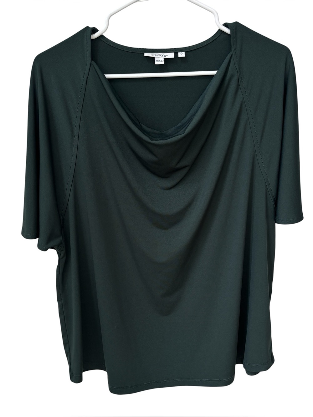 Chico’s Cowl Neck Top Women’s XL Green Stretch Short Sleeve Office Classic